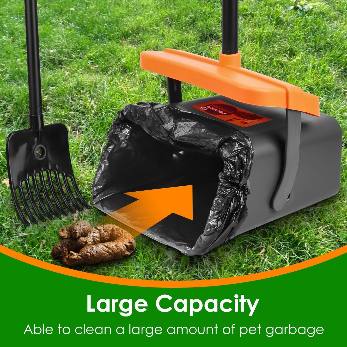 Scoopy Doo Kit Dog Poop Rake & Swiveling Bin Poop Heavy Duty Pick Up Tool With Extra Long Handle 35 Waste Bags Dispenser