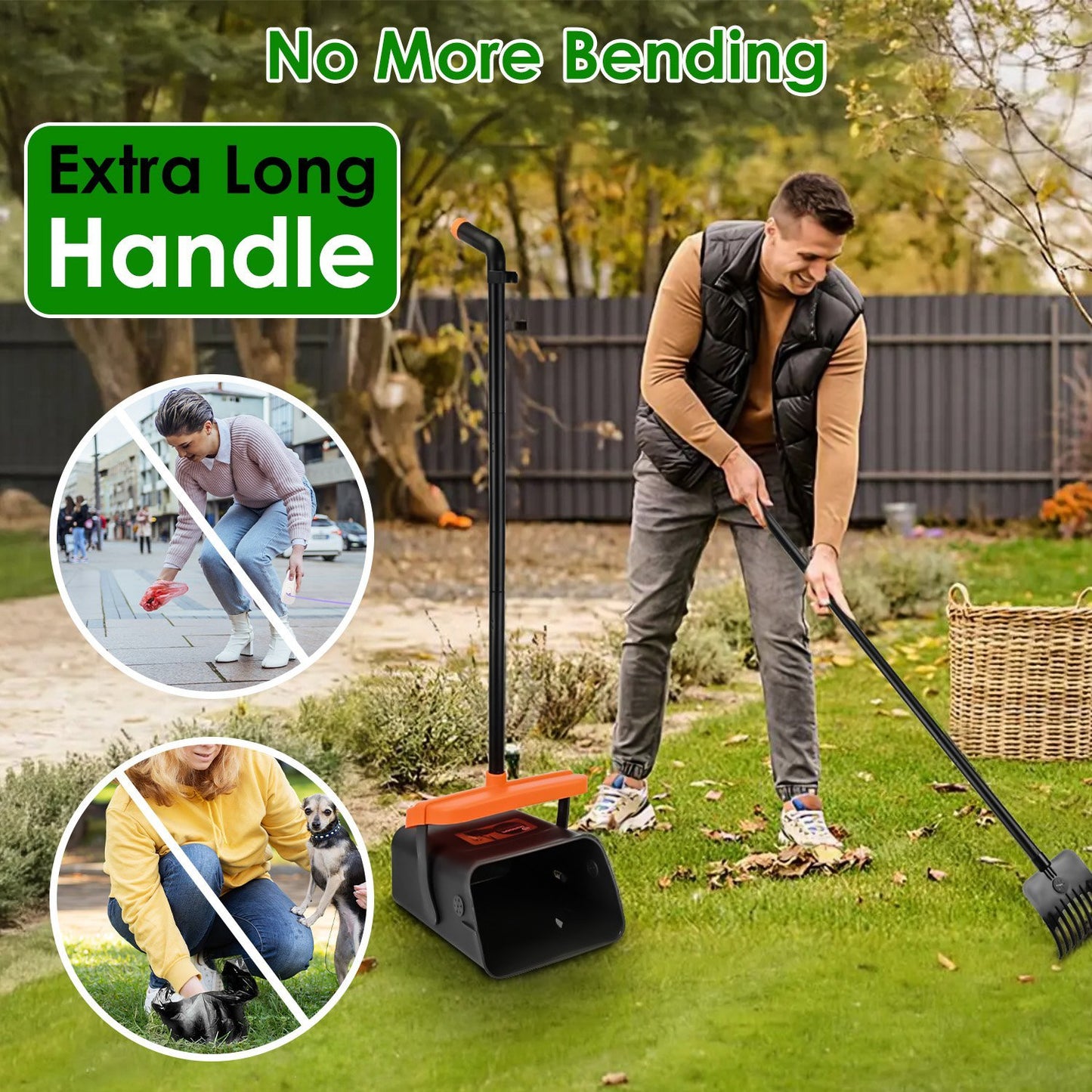 Scoopy Doo Kit Dog Poop Rake & Swiveling Bin Poop Heavy Duty Pick Up Tool With Extra Long Handle 35 Waste Bags Dispenser