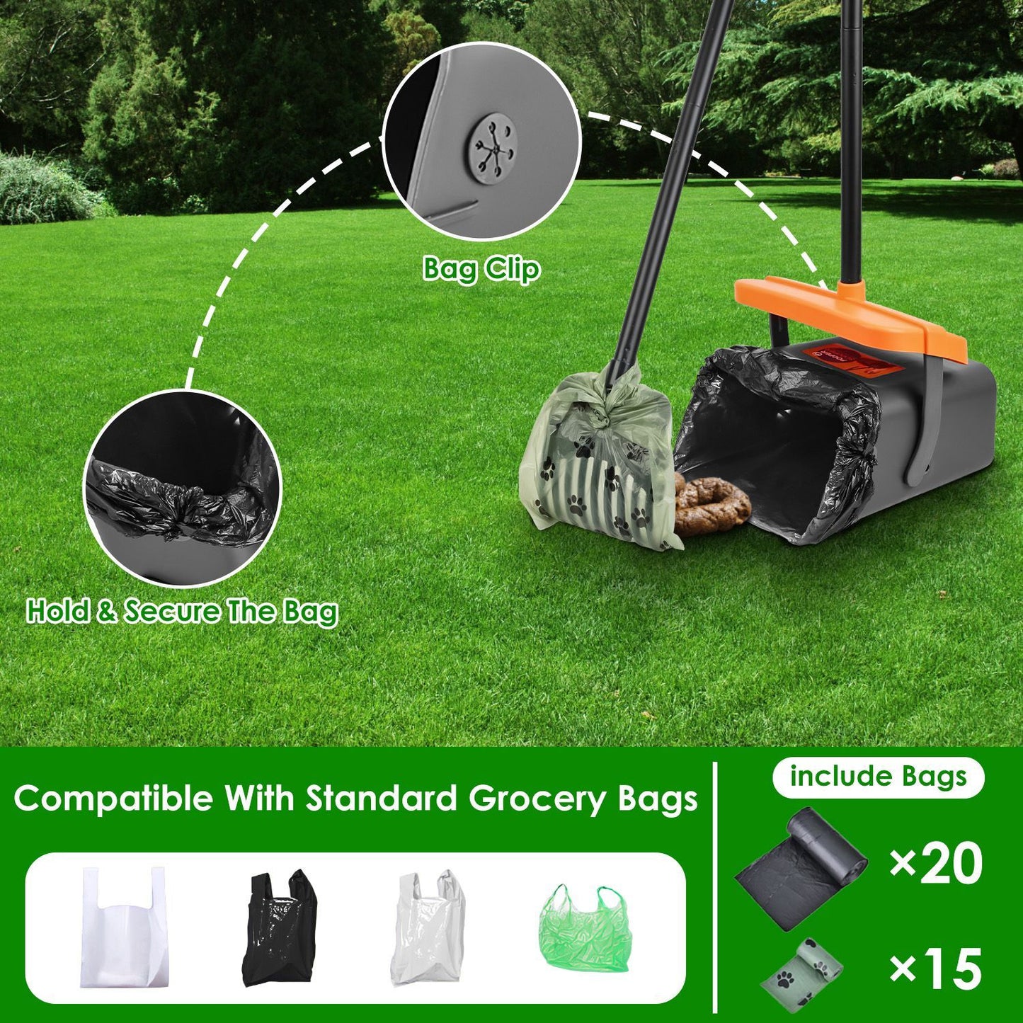 Scoopy Doo Kit Dog Poop Rake & Swiveling Bin Poop Heavy Duty Pick Up Tool With Extra Long Handle 35 Waste Bags Dispenser