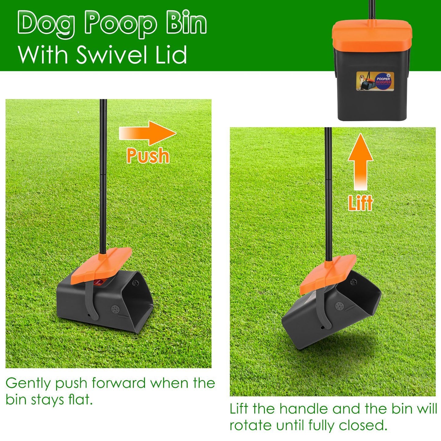 Scoopy Doo Kit Dog Poop Rake & Swiveling Bin Poop Heavy Duty Pick Up Tool With Extra Long Handle 35 Waste Bags Dispenser