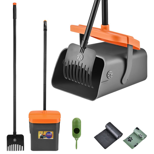Scoopy Doo Kit Dog Poop Rake & Swiveling Bin Poop Heavy Duty Pick Up Tool With Extra Long Handle 35 Waste Bags Dispenser