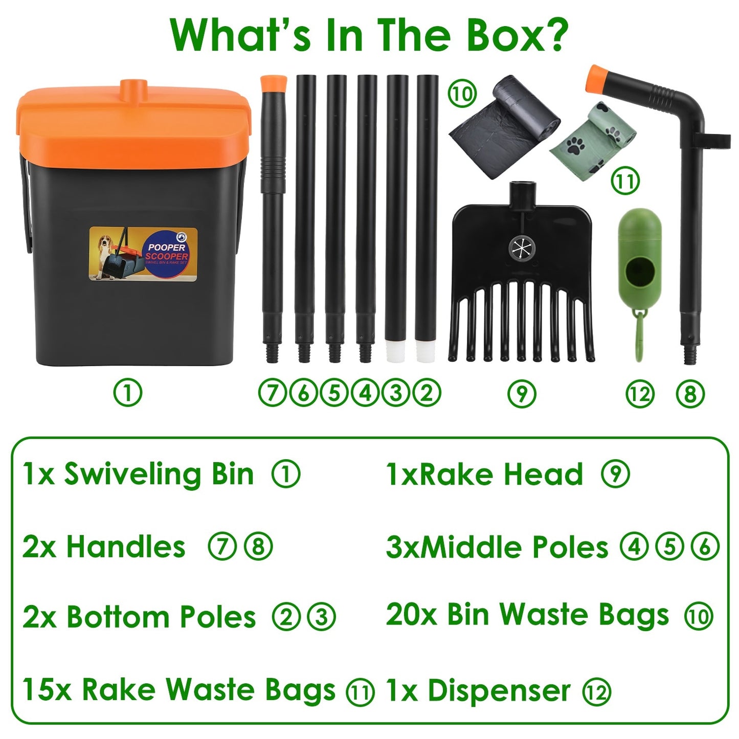 Scoopy Doo Kit Dog Poop Rake & Swiveling Bin Poop Heavy Duty Pick Up Tool With Extra Long Handle 35 Waste Bags Dispenser